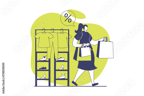 Discount store web concept with flat people for website design. Woman with shopping bags making bargain purchases at clothing and shoes showroom, buying at fashion boutique. Vector illustration.