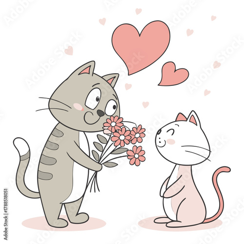 Cute cartoon cats in love with flowers and hearts
