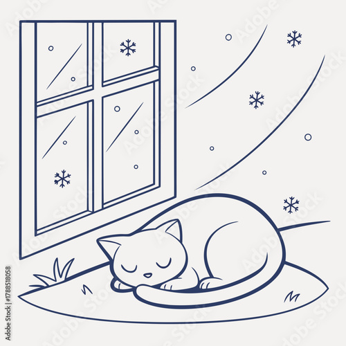 Cute cartoon cat sleeping by the window on a snowy day