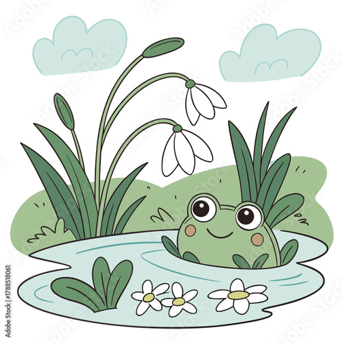 Cute cartoon frog in pond with snowdrops and flowers