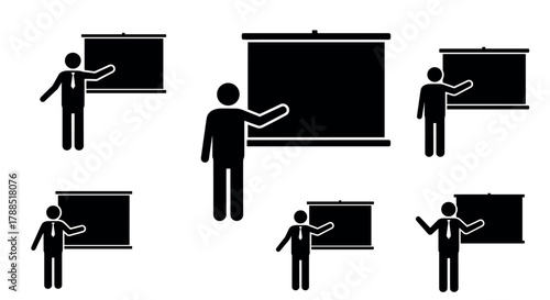 Multiple black silhouette icons of a person giving a presentation, pointing at a blank board, showing various sizes and positions.