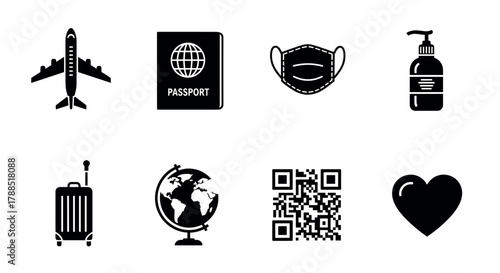 Black silhouette icons depicting airplane travel, global passport, protective face mask, hand sanitizer, luggage, world globe, qr code, and heart symbol.