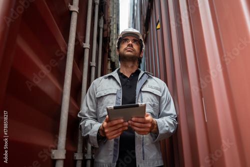 Male engineer holding digital tablet while inspecting shipping containers yard. Concept of inventory and logistic management.