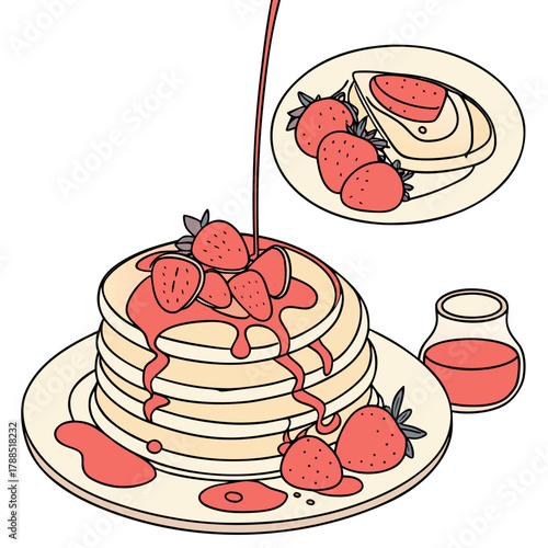 Delicious stack of pancakes with fresh strawberries and syrup