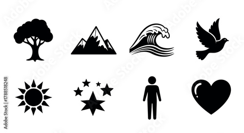 Black silhouette icons of nature and symbols including a tree, mountains, ocean wave, dove, sun, stars, human figure, and heart shape.