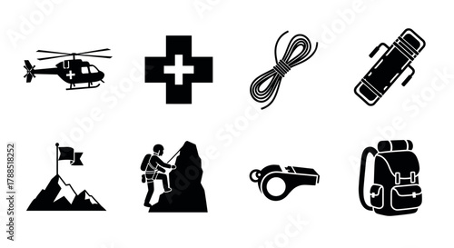 Black icons of a helicopter, first aid symbol, climbing rope, sleeping bag, mountain with flag, climber on a rock, whistle, and backpack representing camping and adventure.