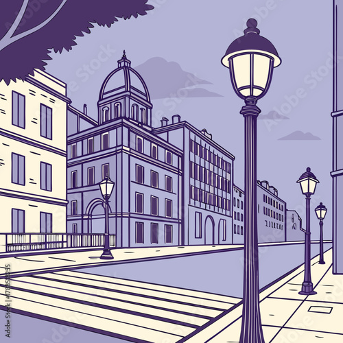 European city street with dome building and street lamps