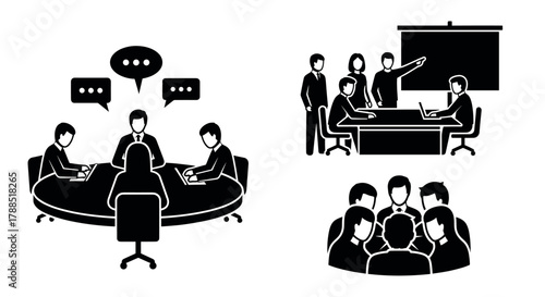 Black silhouette icons illustrating business meetings with people at a round table, presentation setup, and team discussion.