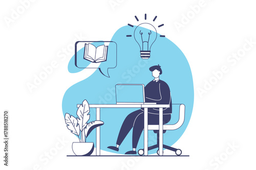 Distant learning web concept with flat people for website design. Student reading books from laptop, studying with digital textbooks, doing homework and getting knowledges. Vector illustration.