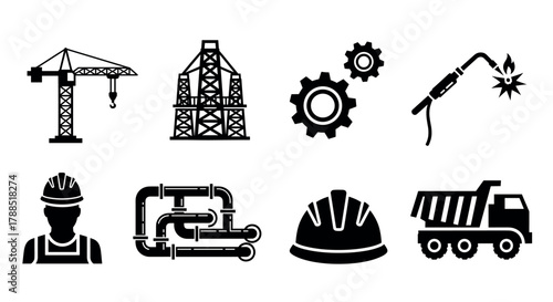 Black silhouette icons depicting various construction and engineering tools, including a crane, oil rig, gears, welding torch, worker, pipes, helmet, and dump truck.