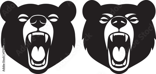 Two fierce bear heads roaring in a dramatic black silhouette