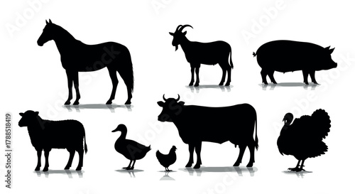 Black silhouettes of various farm animals including a horse, goat, pig, sheep, duck, chicken, cow, and turkey, depicted in side profile.