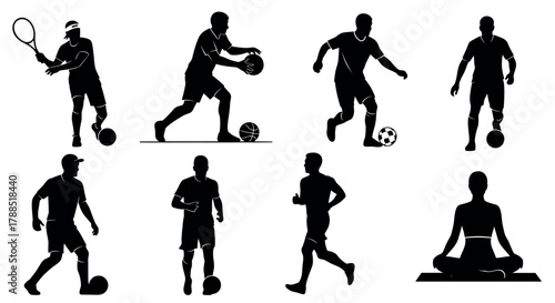 Silhouettes of athletic males engaging in various sports, including tennis, basketball, soccer, jogging, and yoga on a white background.