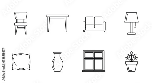 Black outline vector icons of a chair, table, sofa, lamp, pillow, vase, window, and potted plant, representing various household items.