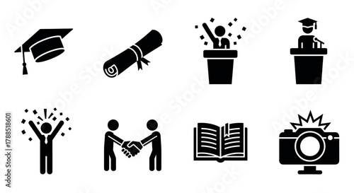 Black and white icons depicting graduation, a diploma scroll, a person at a podium, a graduate speaking, celebration, a handshake, an open book, and a camera with a flash.