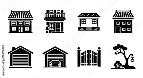 Black silhouettes of eight different architectural structures, including houses, garages, gates, and a tree with a lantern, representing diverse building styles.