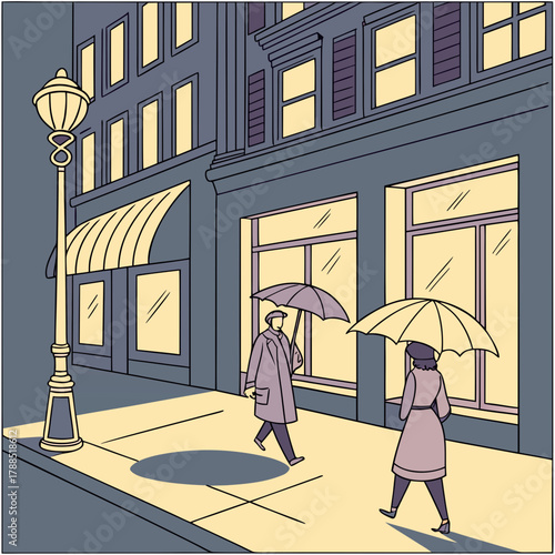 People walking with umbrellas on a city street at night