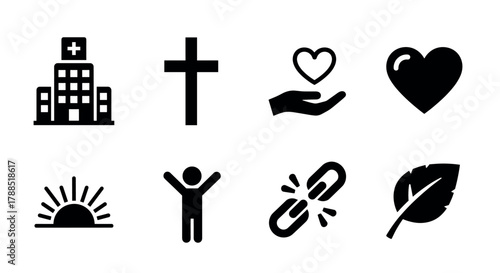 Black silhouette icon set featuring a hospital, cross, hand with heart, heart, sunrise, person, broken chain, and leaf on a white background.