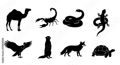 Silhouette illustrations of various animals including a camel, scorpion, snake, lizard, bird, meerkat, fox, and tortoise.