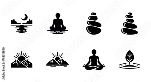 Set of eight black silhouette icons featuring nature themes, including mountains, meditation poses, stacked stones, and a tree leaf on water.