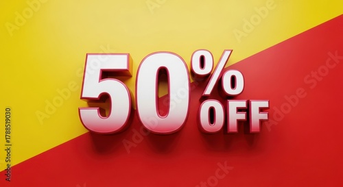 Bold 3d fifty percent off sale announcement with red and yellow background