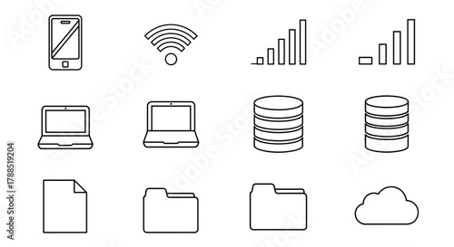 Set of black outline icons depicting digital devices, connectivity, and cloud storage concepts, including smartphone, wi-fi, and laptop.