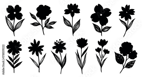 Black silhouette set of various floral designs featuring ten different flower and leaf arrangements in a minimalistic style.