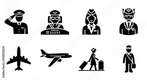 Black silhouette icons depicting aviation professionals and related elements, featuring pilots, cabin crew, airplanes, and ground crew.