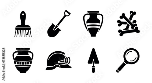Collection of eight black silhouette icons representing archaeology tools and artifacts, including brushes, shovels, an amphora, bones, a helmet, and a magnifying glass.
