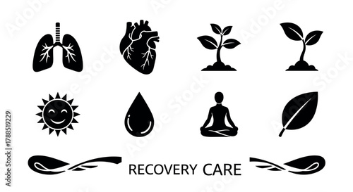 Black silhouette icons representing health and wellness concepts, including heart, lungs, yoga, plants, sun, water drop, and leaves, with text "recovery care.