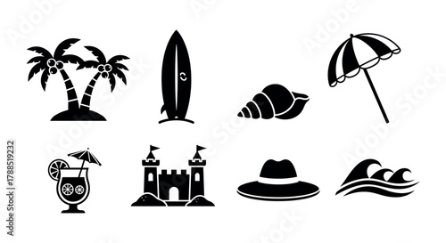 Black silhouette icons featuring beach elements including palm trees, a surfboard, a seashell, a sun umbrella, a tropical drink, a sandcastle, a sun hat, and ocean waves.