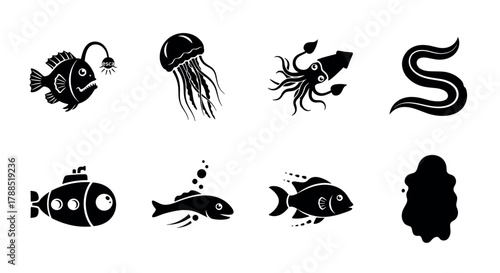 Black silhouette icons depicting various sea creatures, including an anglerfish, jellyfish, squid, eel, submarine, and other ocean animals in a minimalist style.