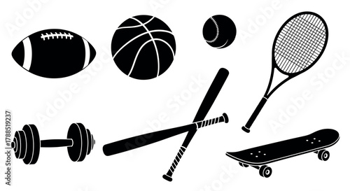 Black silhouette icons of various sports equipment including a football, basketball, baseball, tennis racket, skateboard, dumbbell, and baseball bats.