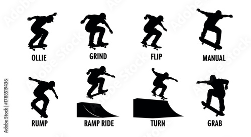 Black silhouette icons of skateboarders performing various tricks, including grind, flip, and ollie, against a plain white background.