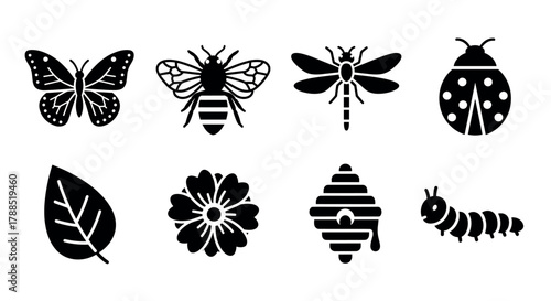 Black silhouette icons featuring a butterfly, bee, dragonfly, ladybug, leaf, flower, beehive, and caterpillar, representing various elements of nature.