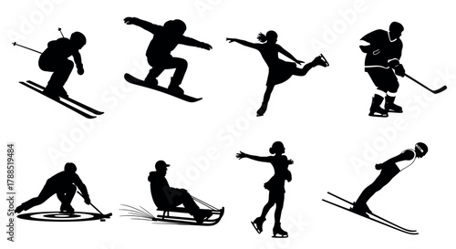 Silhouette illustrations of winter sports athletes, including skiing, snowboarding, figure skating, ice hockey, curling, sledding, and ski jumping.