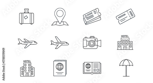 Black outline icons of travel essentials including luggage, airplane, passport, map marker, tickets, camera, hotel building, and umbrella.