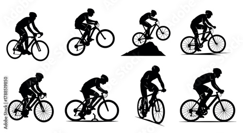 Silhouette illustrations of male cyclists performing various stunts and riding styles on bicycles.