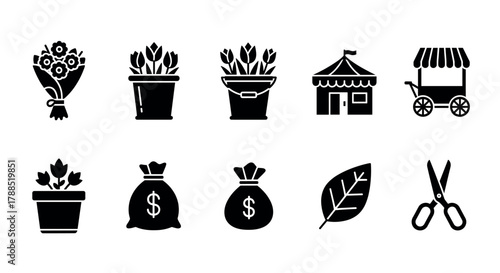 Black silhouette icons depicting a bouquet of flowers, potted plants, a circus tent, a market stall, money bags, a leaf, and scissors.