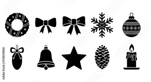 Black silhouette icons of eight christmas symbols including wreath, bows, snowflake, ornament, bell, star, pinecone, and candle.