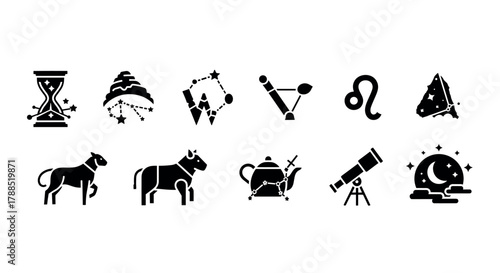 Ten black astrology and astronomy icons, including constellations, zodiac symbols, and a telescope, arranged in a grid pattern on a white background.