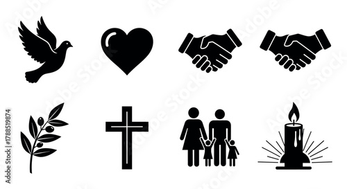 A collection of eight black silhouette icons including a dove, heart, handshake, olive branch, cross, family, and a candle with a flame.