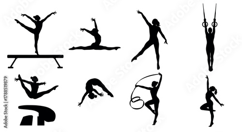 Silhouettes of female gymnasts performing various gymnastic routines, including balance beam, rings, and rhythmic dance with hoops.