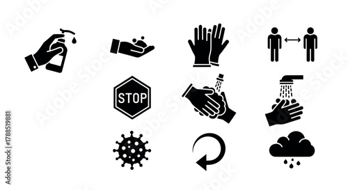 Black and white icons illustrating hygiene practices, including hand washing, sanitizing, social distancing, virus symbols, and weather-related health precautions.