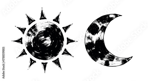 Black textured art depicting a sun with triangular rays and a crescent moon on a plain background.