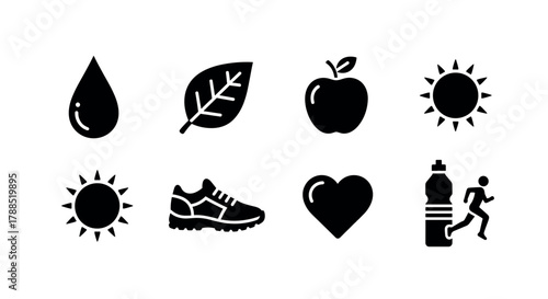 Black solid icons depicting a water droplet, leaf, apple, sun, sneaker, heart, and a running figure with a water bottle, representing health and wellness concepts.