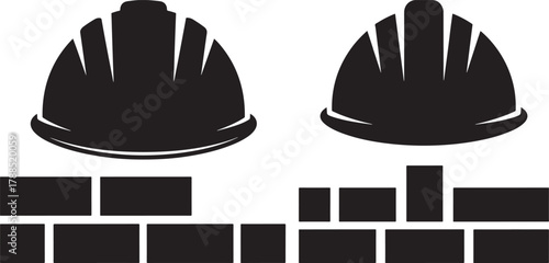 Two hard hat silhouettes above rows of rectangular building blocks silhouette