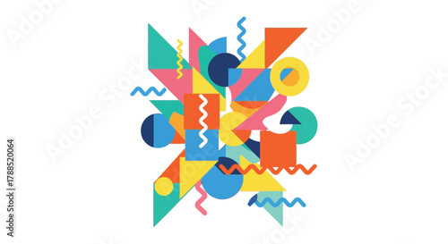 Vibrant abstract geometric shapes composition with retro memphis style elements and bright colors