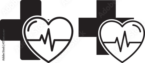 Two heartbeat ekg icons over black crosses silhouette