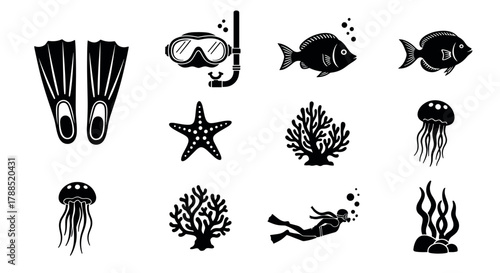 Black silhouette icons of snorkeling gear, marine animals, coral, and sea plants, depicting underwater exploration elements.